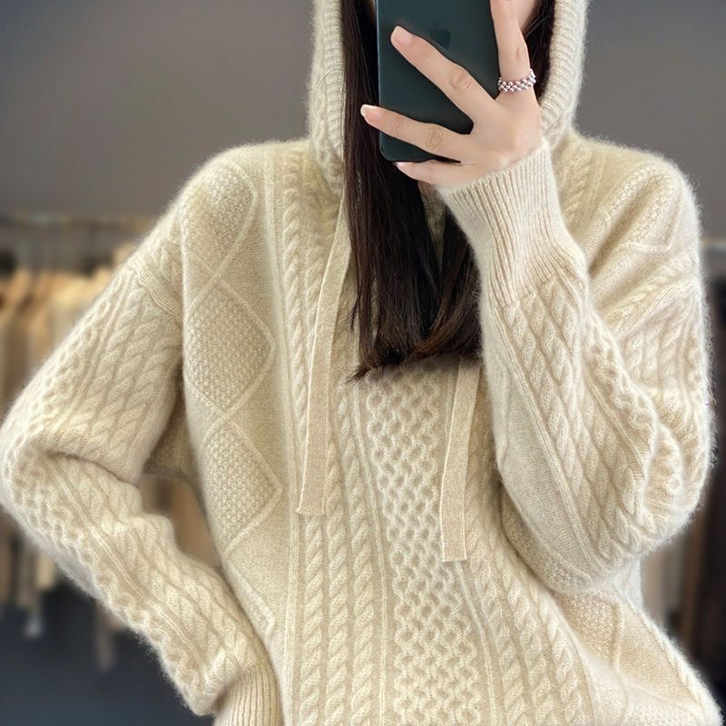 Hooded, thickened, 100% pure wool sweater for women, autumn/winter, solid color, twisted-knit design, loose-fitting wool sweater, base layer sweater
