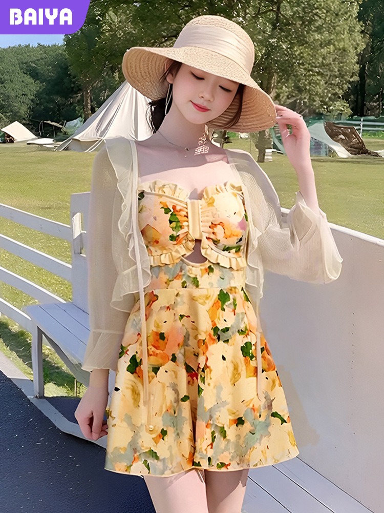 2025 verano nuevo estilo francés ligeramente gordo y delgado traje de baño floral de una pieza falda de mujer blusa de manga larga traje de baño al por mayor