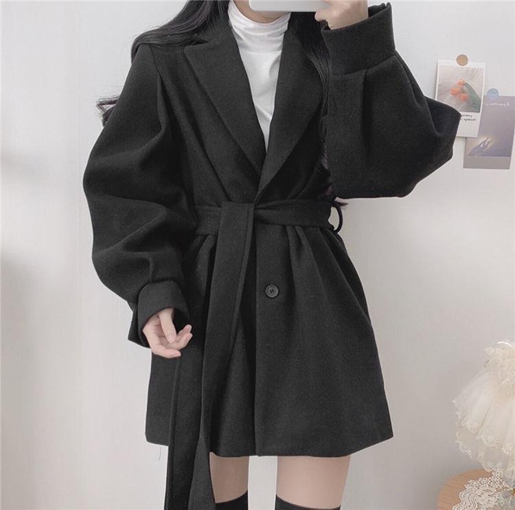 Women's Clothing Hepburn style black woolen coat for women autumn and winter 2024 new style small waist thickened medium and long woolen coat_voghion.com