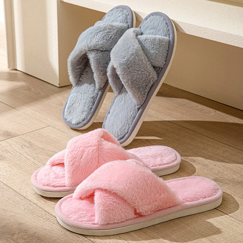 Cotton slippers for women in winter solid color indoor plush simple home couple warm plush confinement shoes foreign trade men