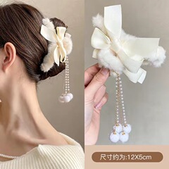 新しい女性の秋と冬のタッセルリボンぬいぐるみヘアクリップ後頭部シャーククリップ多用途毛皮ヘアクリップヘアアクセサリー