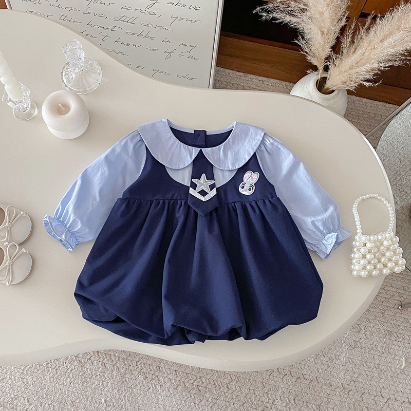 Dianxi 2025 秋の新スタイル女の赤ちゃん偽ツーピースドレス幼児カレッジスタイルかわいいウサギのスカートトレンディ|undefined