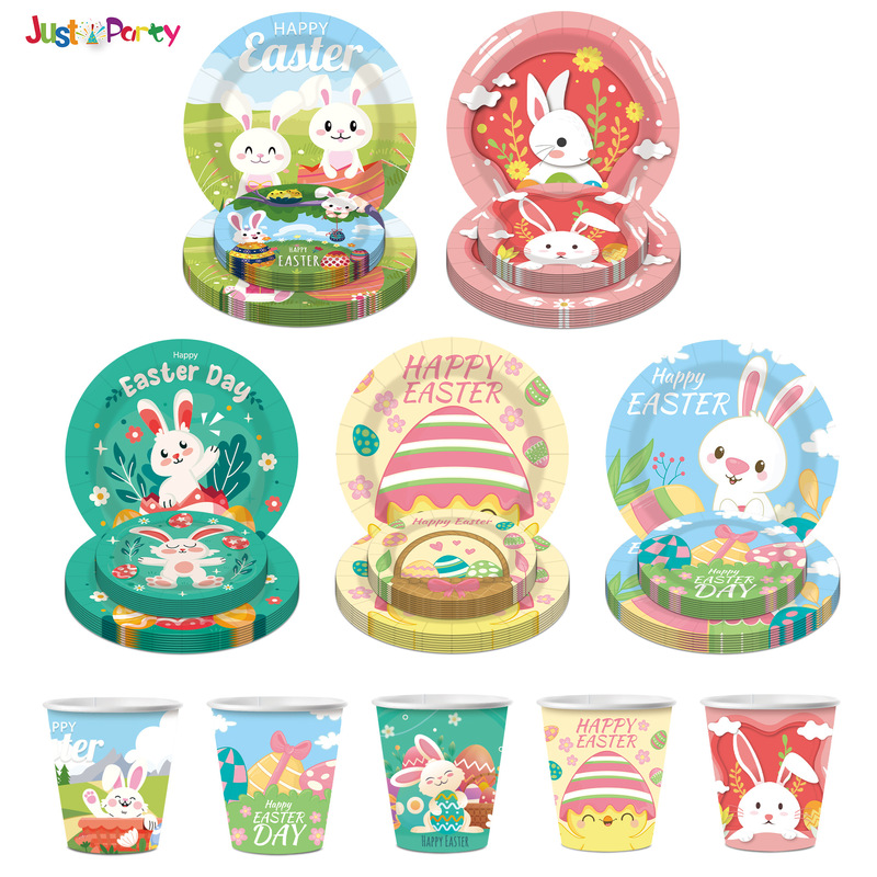 Easter Party Tableware Rabbit Easter Egg Theme Disposable Paper Tray Paper Cup Paper Towel Cartoon Holiday Plate