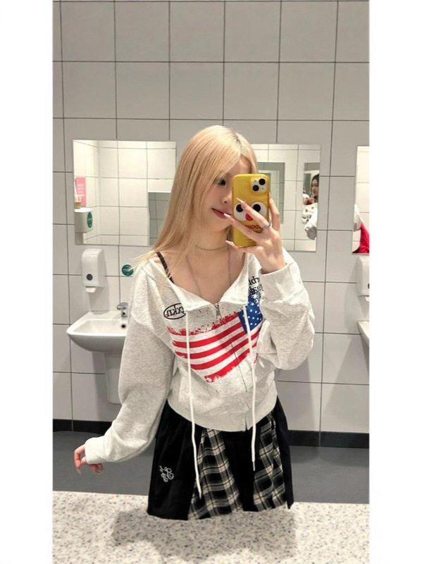 美式潮牌做旧斑驳复古风露肩卫衣女小众设计一字露肩拉链开衫外套|undefined