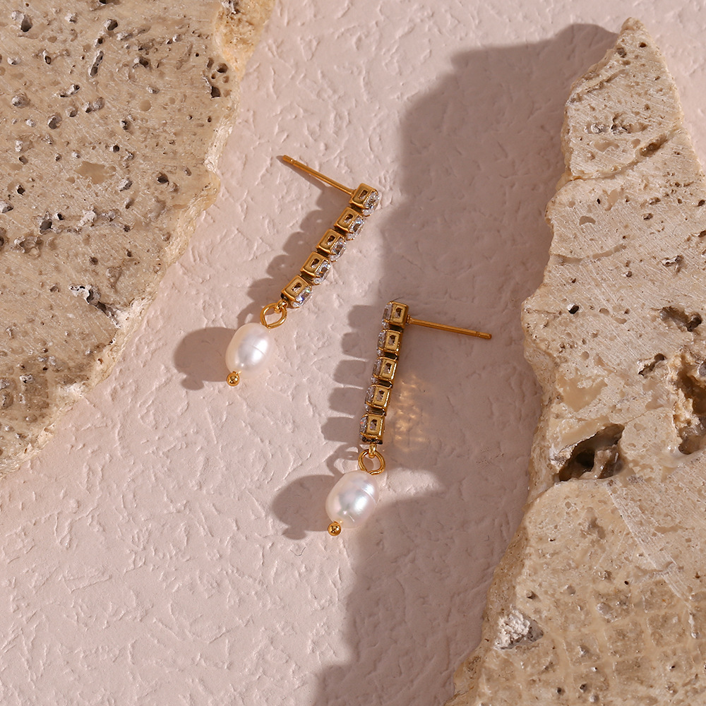 Zircon Chain Freshwater Pearl Stainless Steel Earrings