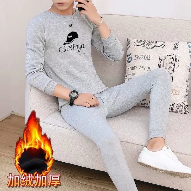Young Men's Thermal Underwear Set, Thickened and Fleece-Lined, for Older Children, Teenagers, and Middle School Students, Autumn Clothes and Pants