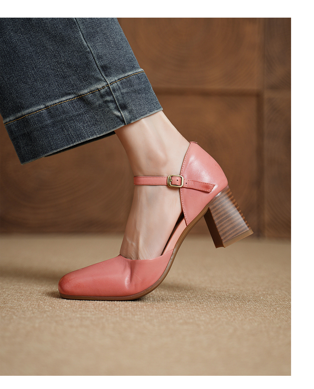 Giày sandal cao gót nữ quai ngang mũi vuông gót 6 cm — Màu hồng chi tiết 9