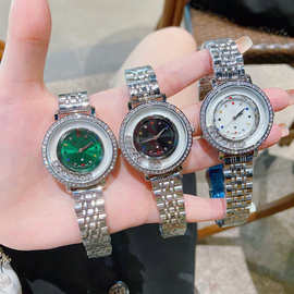 外贸跨境新款镶钻表壳彩钻贝壳面表盘时尚走珠系列钢带女士手表