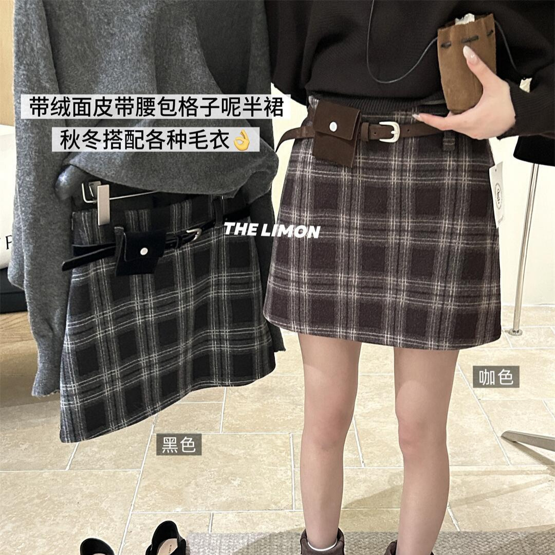 2025秋高腰显瘦复古格子半身裙女A字裙短裙气质百搭厚款包臀半裙