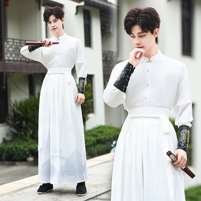 Men's New Chinese Style Shirt Long-sleeved White Skirt Improved Chinese Style Chinese Style Handsome Ancient Style suit for Teenagers Men's New Chinese Style Shirt Long-sleeved White Skirt Improved Chinese Style Chinese Style Handsome Ancient Style suit for Teenagers