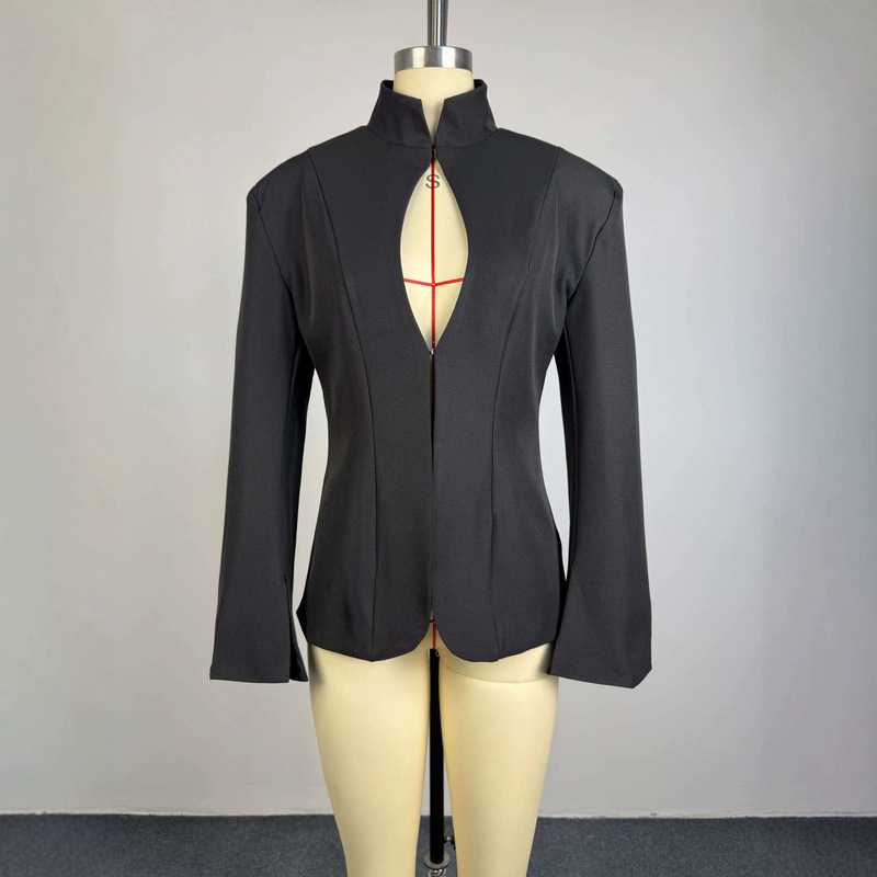 European and American Cross-Border Women's Fashion 2026 Spring New Style Sexy and Elegant Hollow-Out Slim-Fit Solid Color Long-Sleeve Blazer Top