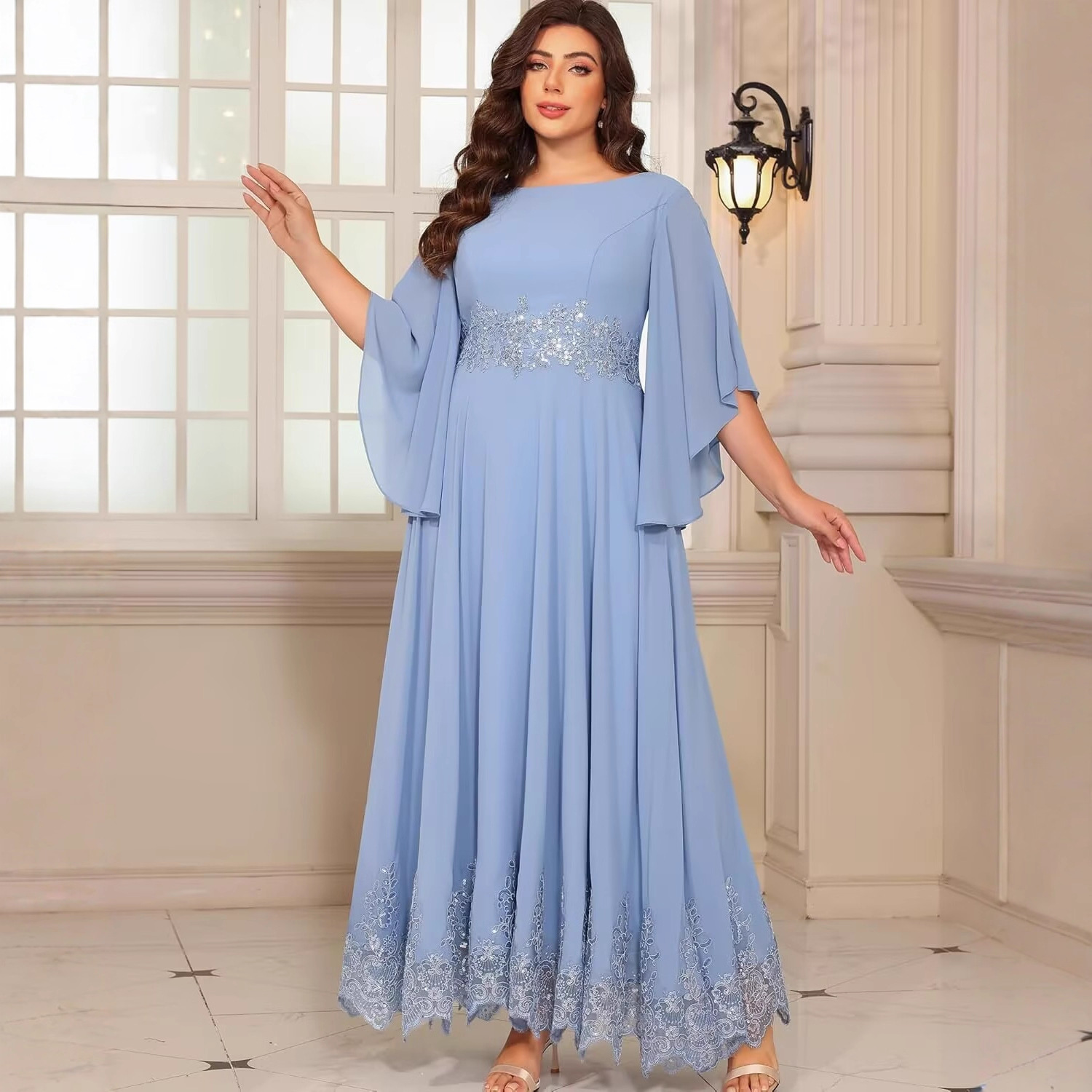 European and American Amazon Chiffon Mother of the Bride Dress Lace Appliqué Round Neck Sequin Formal Gown Banquet Dress