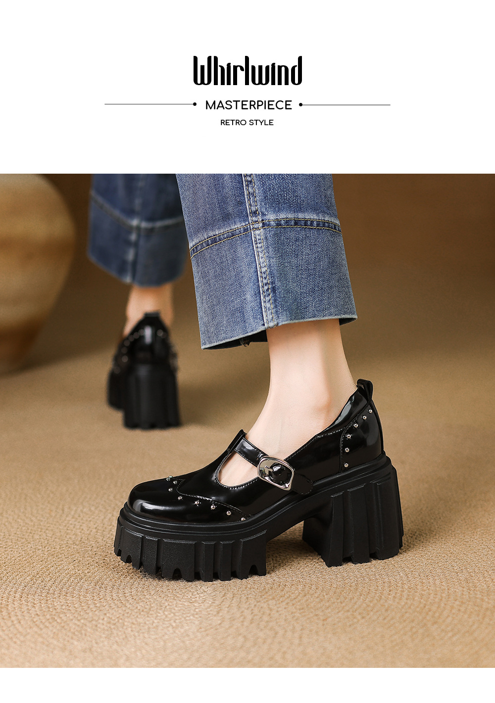 Giày Mary Jane cao gót da thật 9cm, đế bánh xốp, khóa chữ T, gót thô — Màu đen chi tiết 1