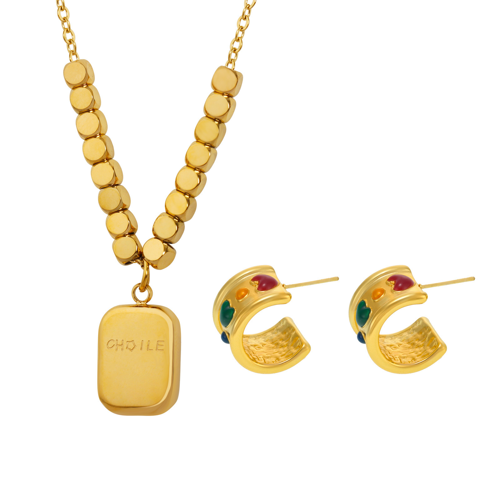 C-C amor amplio aretes instiguado nuevo estilo cuadrado logotipo colgante collar de acero titanio combinación de tendencia