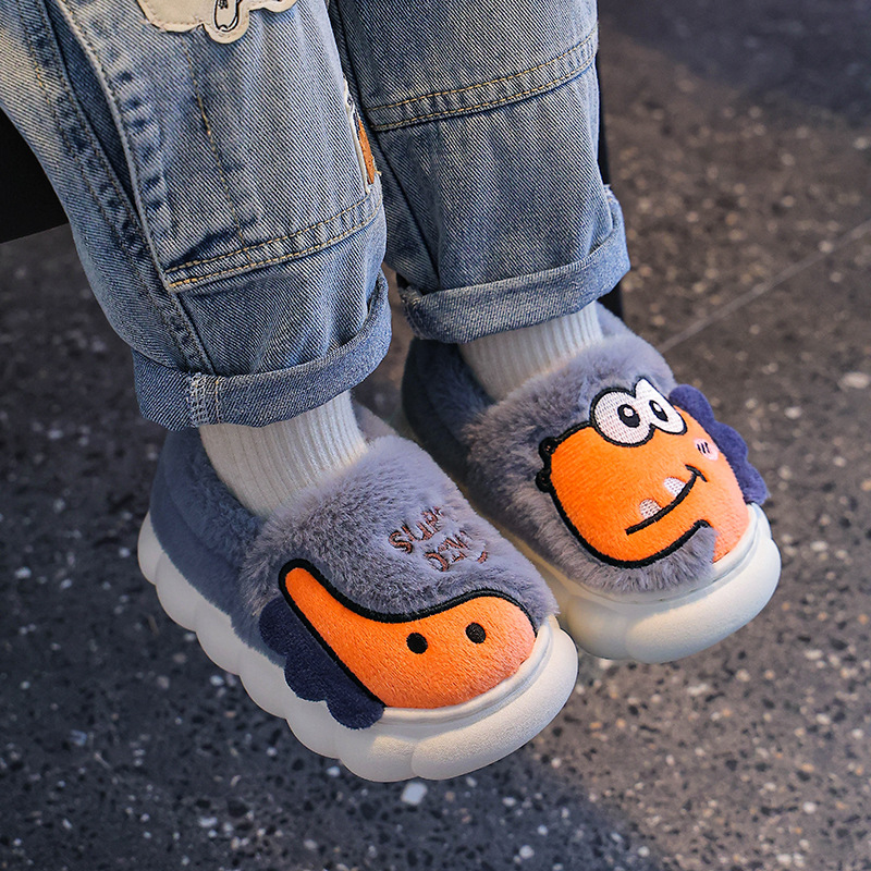 Zapatillas de algodón de invierno para niños y niñas, bolsas de calentamiento con dinosaurios de pelusa antideslizante, zapatos de algodón para padres e hijos