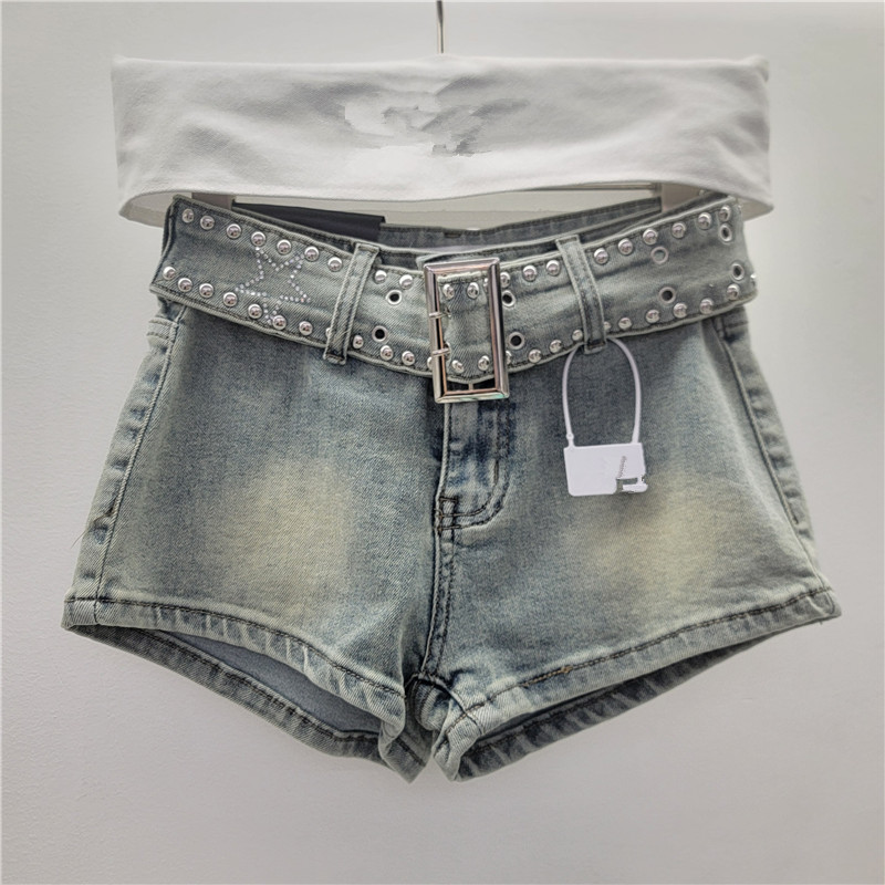 Shorts de Mezclilla de Tiro Alto con Remaches de Mezclilla y Poliéster para Verano