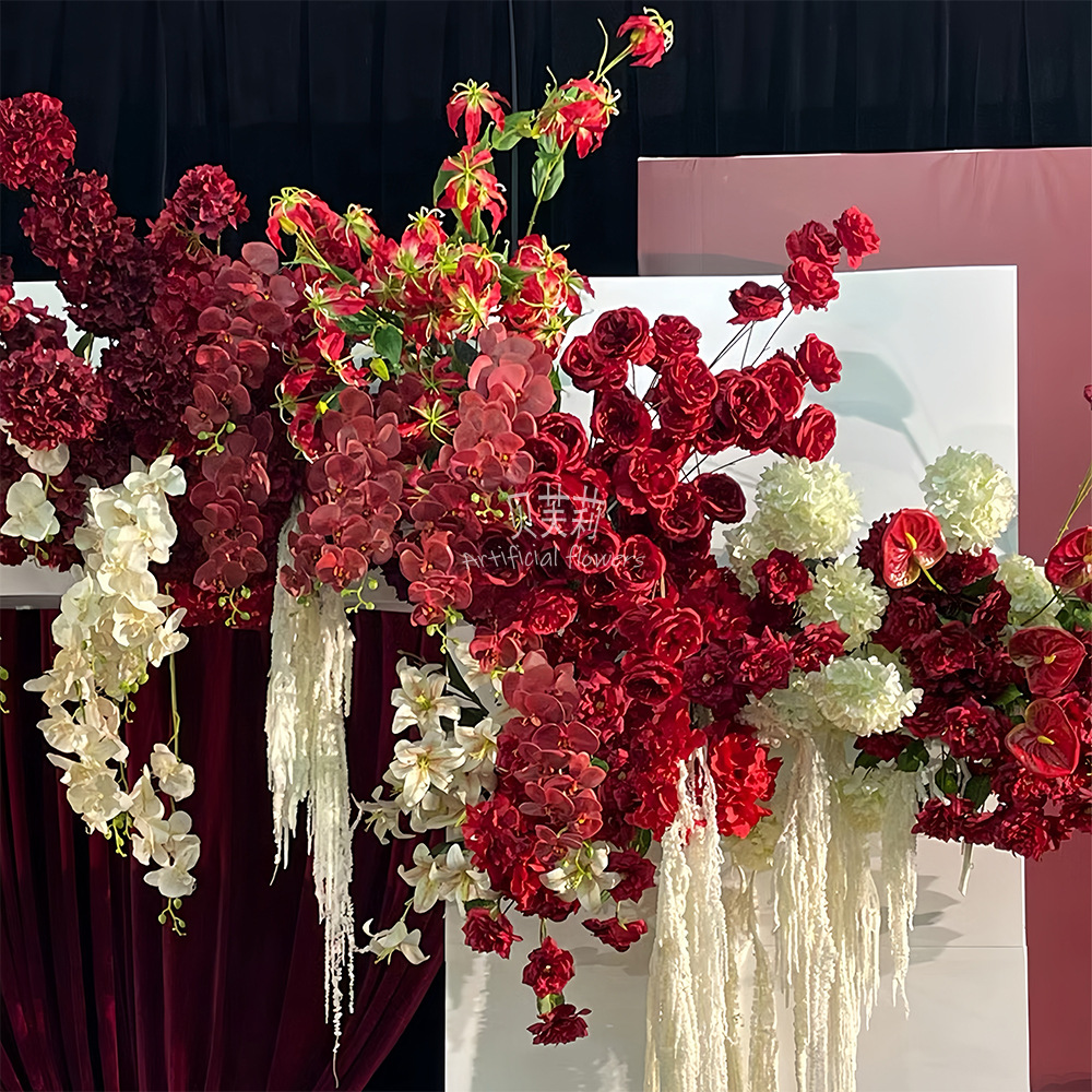 红色仿真花婚礼布置绢花路引排花插花舞台订婚宴装饰婚庆假花花艺