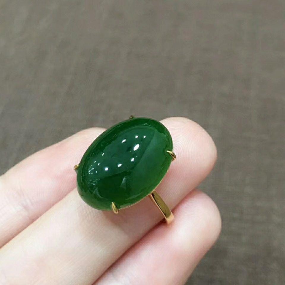 仿真玉石翡翠戒指女式925镀银K金镀玫瑰金指环镶嵌蛋面菠菜绿复古