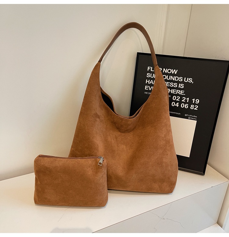 Vintage Soft Suede Faux-Leather Hobo Bag For Women 2024 New Autumn/Winter Trendy Large Capacity Shoulder Bucket Bag - Thumbnail 6
