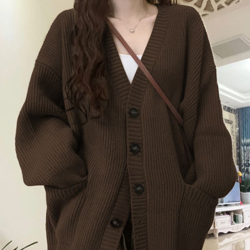 Maillard Brown Cardigan Sweater Jacket Women's Autumn and Winter New Loose Mid-Length Sweater Jacket