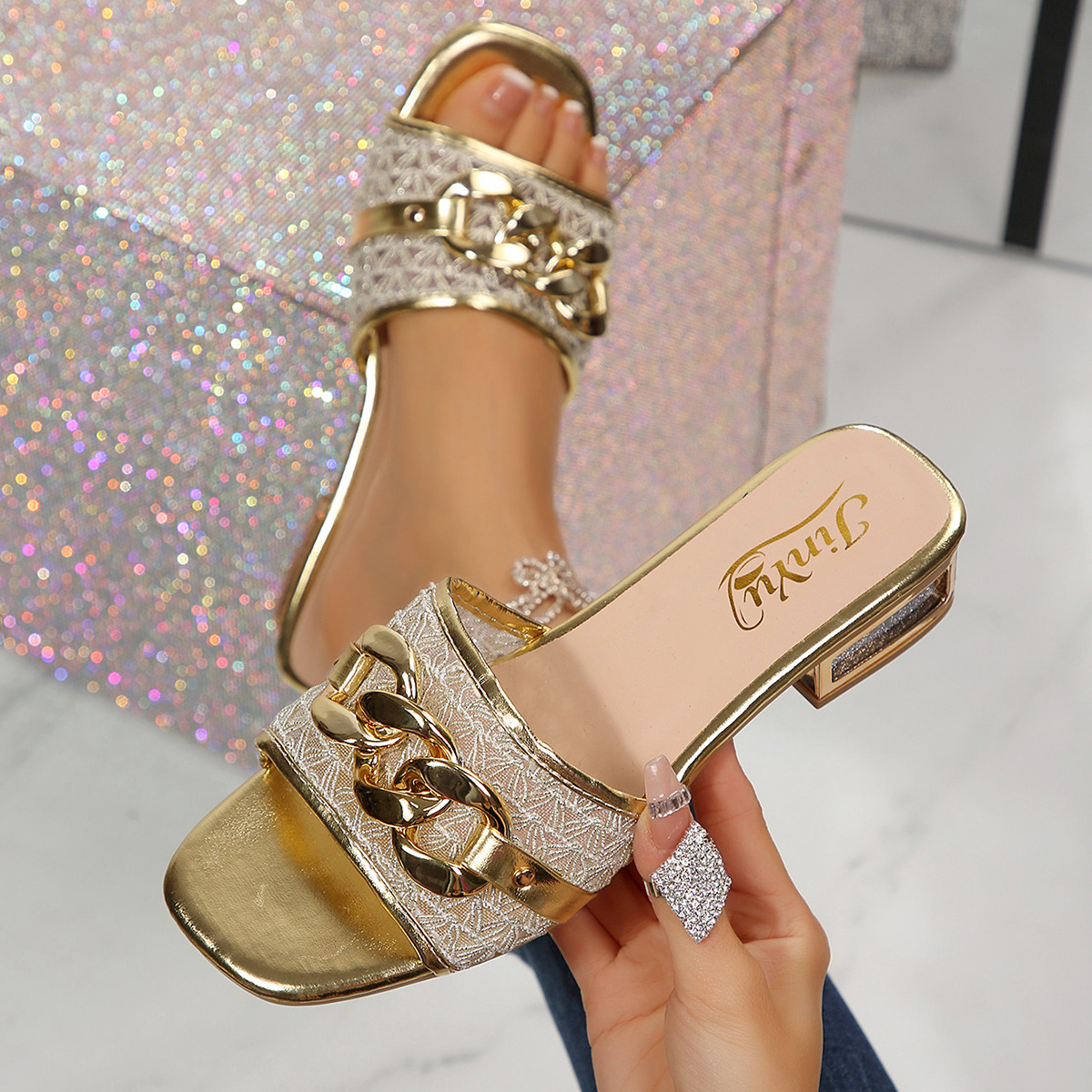 Sandalias Mules de Punta Cuadrada de Cuero Sintético con Tacón Ancho para Verano