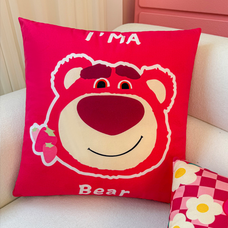 Funda de almohada de oso de fresa de dibujos animados, almohada de viento ins, almohada linda, dormitorio de estudiantes, almohada de sofá, cojín, funda de almohada
