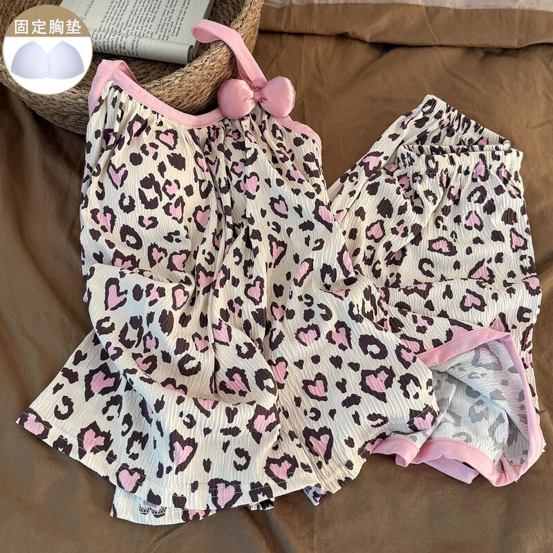 Summer leopard print sexy camisole with chest pads, pink high-end pajamas for women, bow-tie petite home wear set Summer leopard print sexy camisole with chest pads, pink high-end pajamas for women, bow-tie petite home wear set