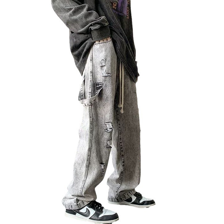 Oldschool pantalones americanos hombres Pu guapo de alto grado deshilachado lavado jeans rasgados marca de moda ins hombres de la calle