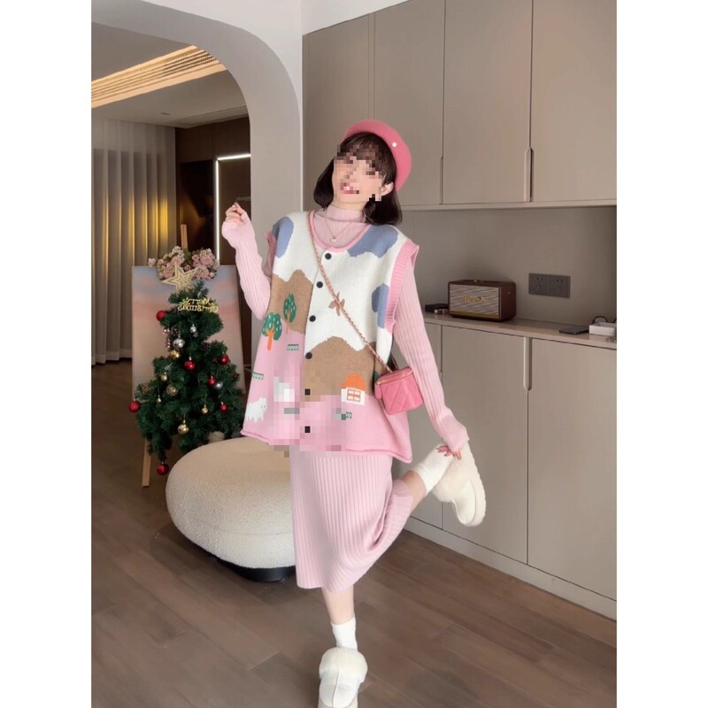 Super Wearable Knitted Vest Dress Suit, New Cute and Good-Looking Women's Autumn and Winter Maternity Wear, Pregnancy Style
