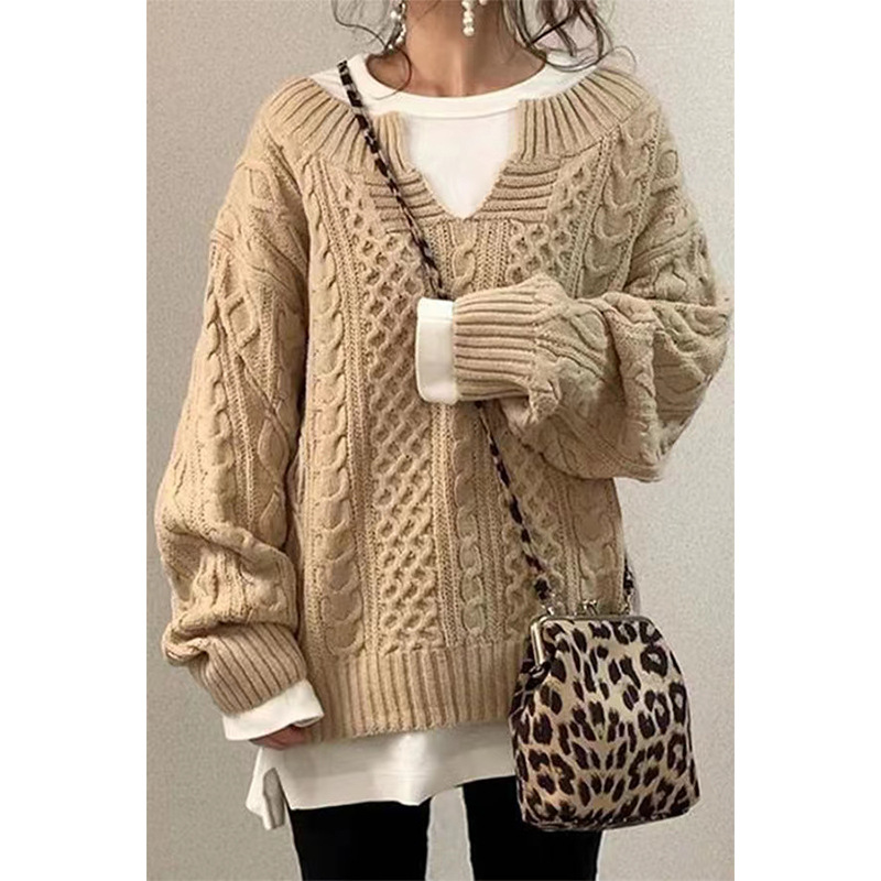 SY651#跨境亚马逊麻花时尚潮流女士宽松毛衣个性简约设计感慵懒风