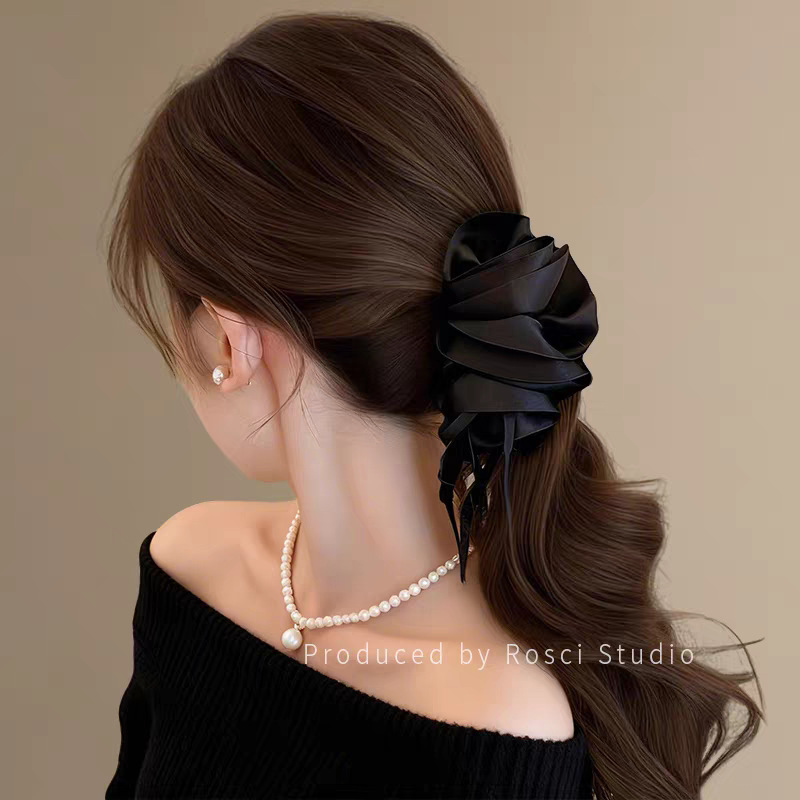 24# black satin multi-layer flower banana clip~9.5cm