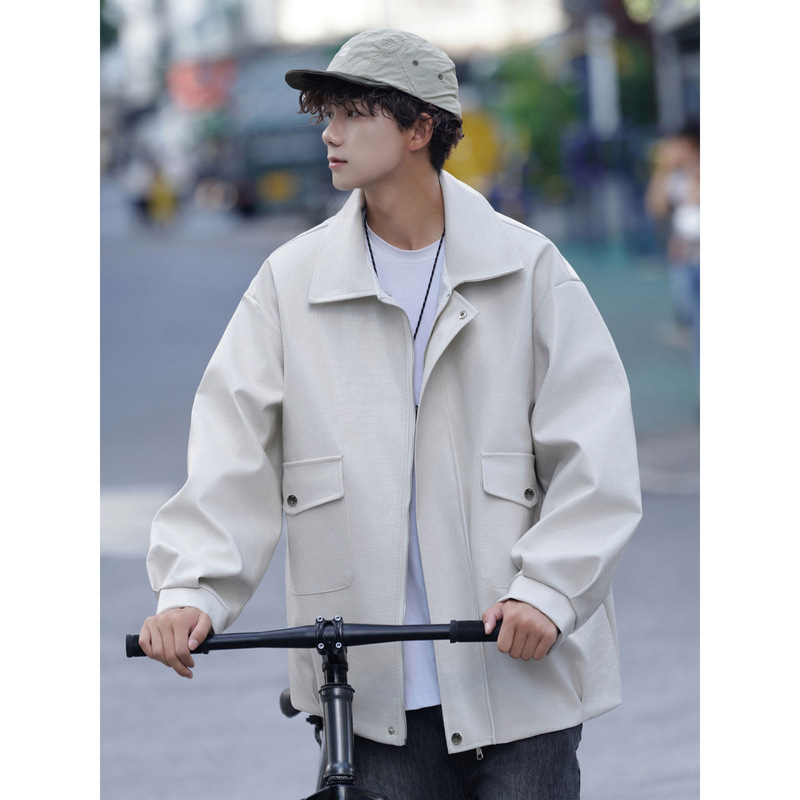 Big Leather Jacket Men's Loose Sense Biker Suit Spring and Summer High Street Pocket Crocodile American Style Trendy Brand Leather Jacket