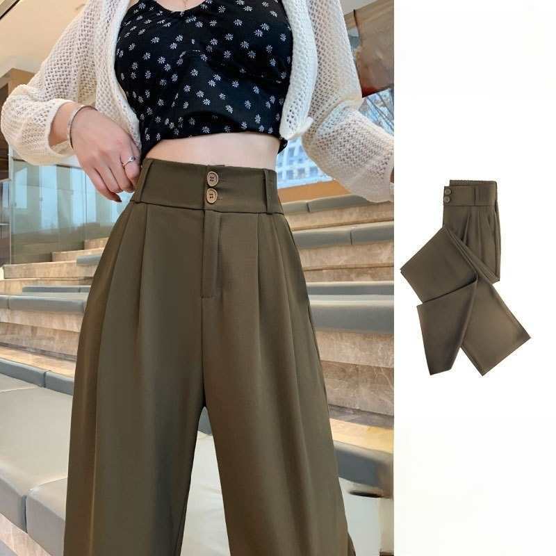 Double Buckle Pants Women's Casual Pants Women's Spring and Summer New Fashion Pendant Small Straight Pants Europe and America
