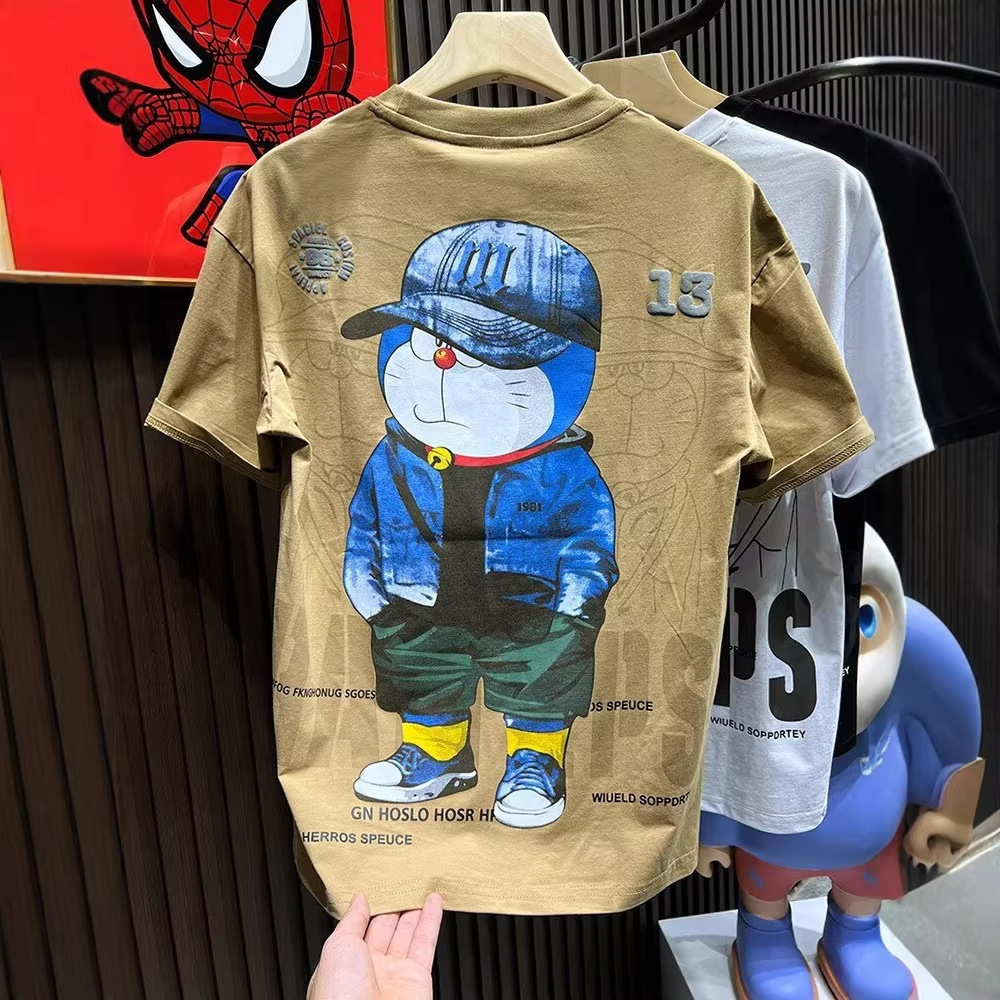 Marca de moda impresión de dibujos animados camiseta de manga corta para hombres verano camiseta de cuello redondo de media manga adolescente ropa casual suelta
