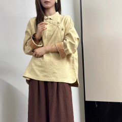 秋季新款2025 提花亚麻中式套头衬衣 复古风斜襟盘扣衬衣女