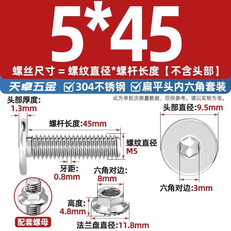 304不锈钢CM大平头超薄头C头扁平头内六角螺丝钉法兰边螺母套装M5|undefined