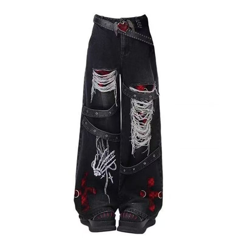 American-Style Streetwear Washed Vintage Ripped Jeans for Men, Spring and Autumn Straight Loose Fit, European and American High Street Vibe Style Long Pants