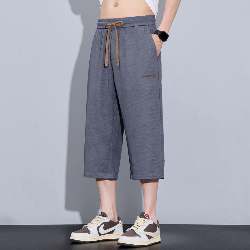 Men's Cropped Casual Pants Summer Versatile Loose Straight Pants Breathable Comfortable Elastic Waist Cropped Pants Men's Trousers
