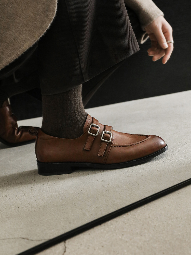 Giày da bò nữ mũi tròn bít kiểu loafer cổ điển màu nâu — màu nâu chi tiết 16