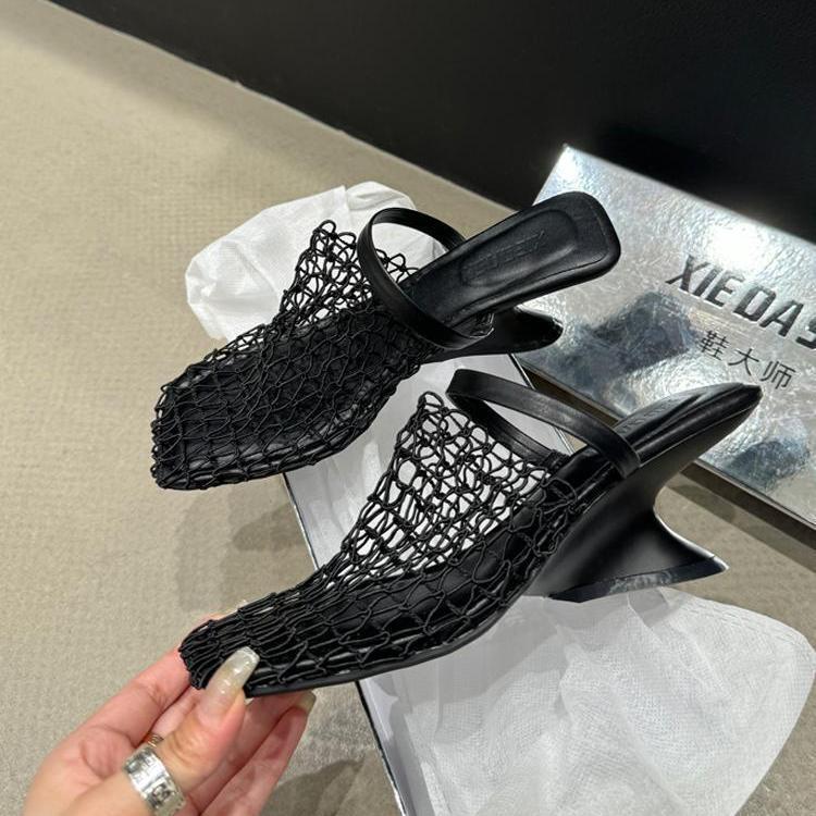 Sandals for Women with a High-End Feel! Fishnet Woven Cut Out Breathable Toe-Toe High Heels for Outer Wear Wedge Heels with Mesh Sandals