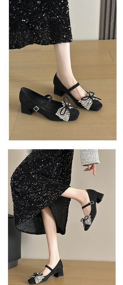 Giày cao gót nữ Mary Jane mũi vuông quai ngang gót thô, chất liệu nhung đính đá và nơ, gót 3–6 cm — Màu đỏ rượu, màu đen chi tiết 5