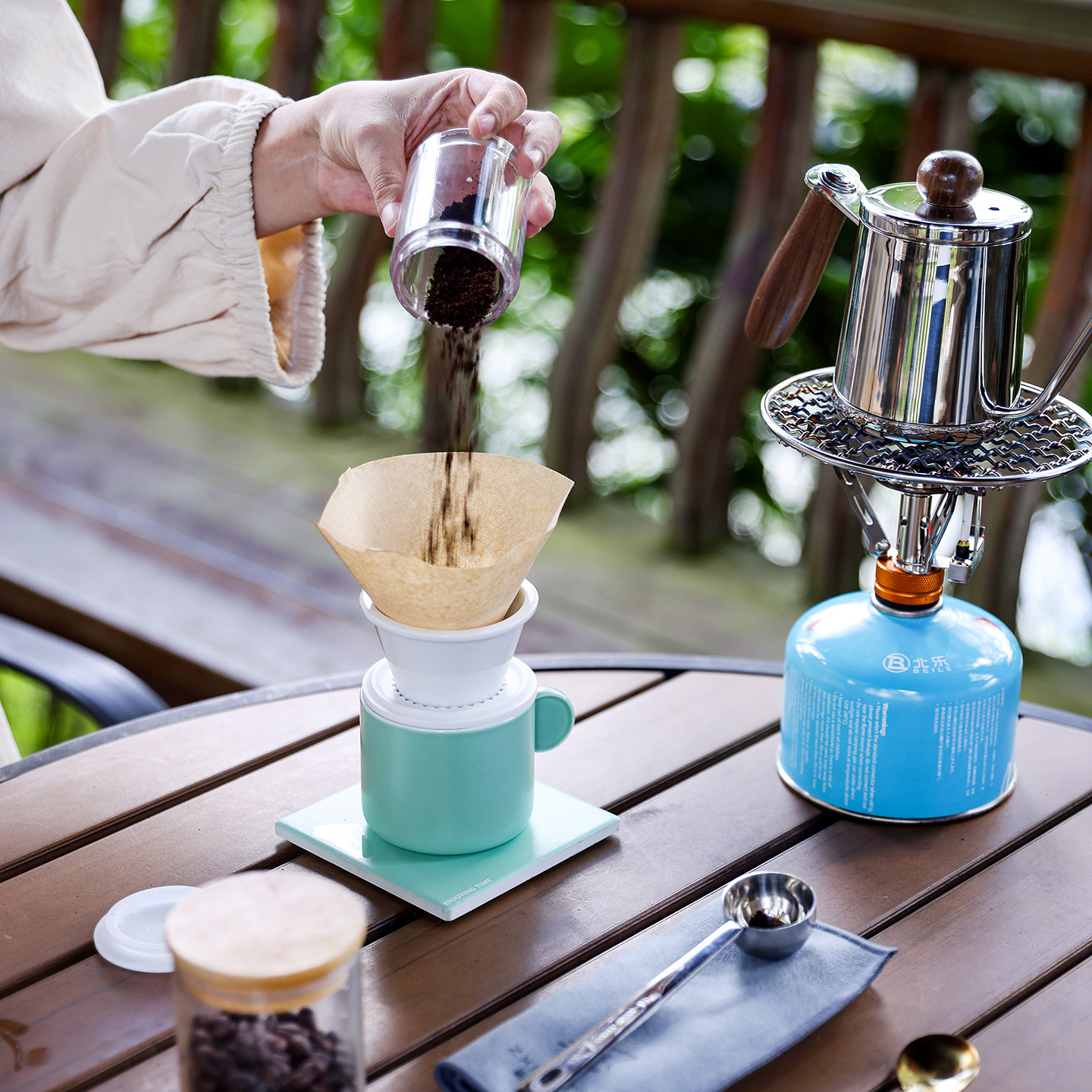 Kit de café de viaje portátil camping al aire libre molino de frijoles hervidor de mano equipo de café hervido conjunto de té y café