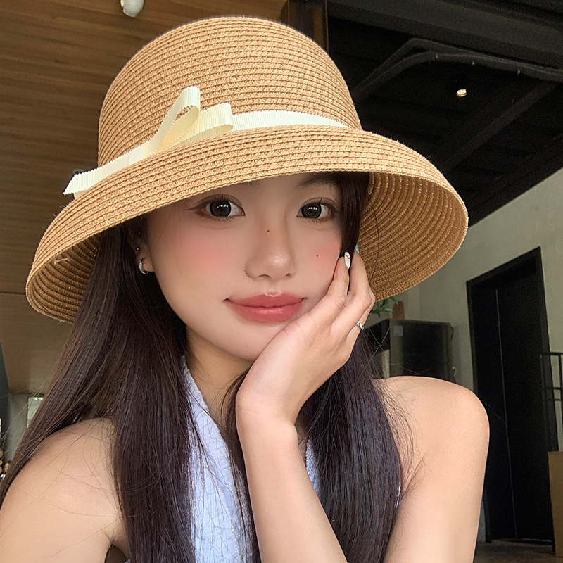 Sombrero de paja estilo Hepburn con lazo, verano 2025, sombrero protector solar para mujer