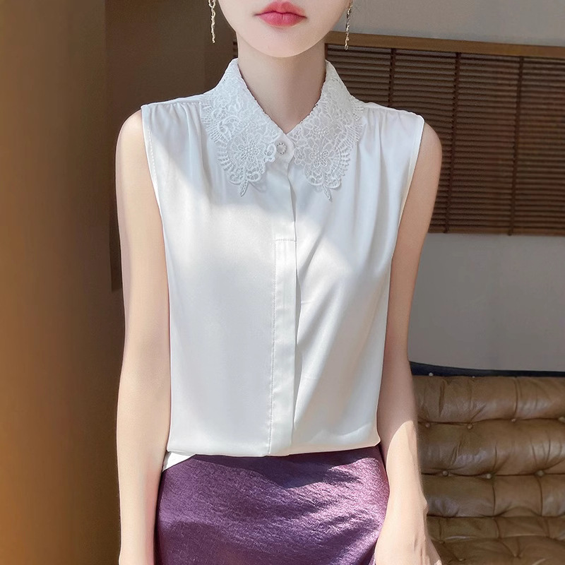 Cross-Border Niche Lace Polo Collar Sleeveless Shirt 2025 Summer New Top Chic and Unique Waistcoat Suspender Back