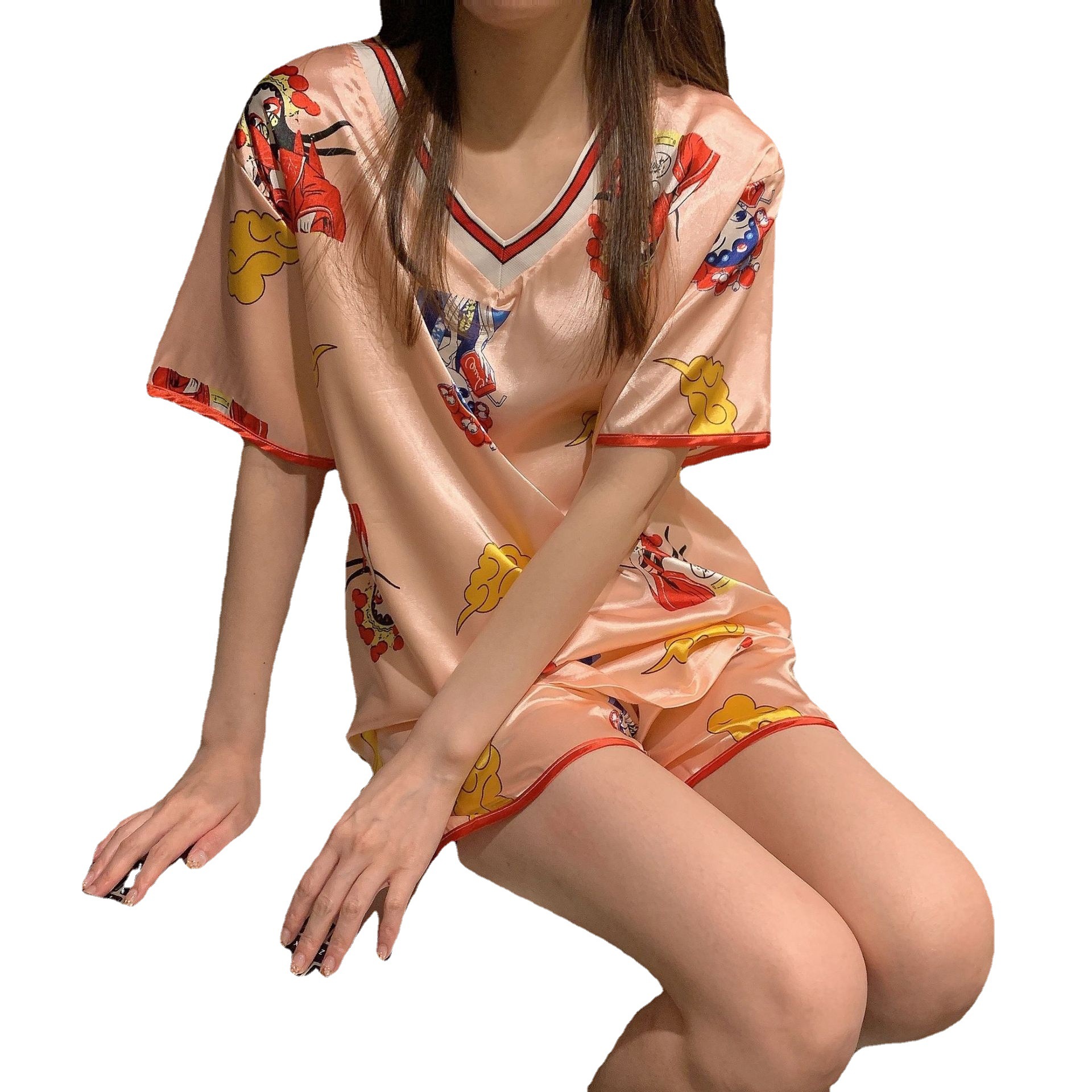 Pijamas de manga corta para mujer traje de dos piezas de seda de hielo de verano Pantalones cortos con cuello en V seda artificial delgada fresca sexy verano homewear