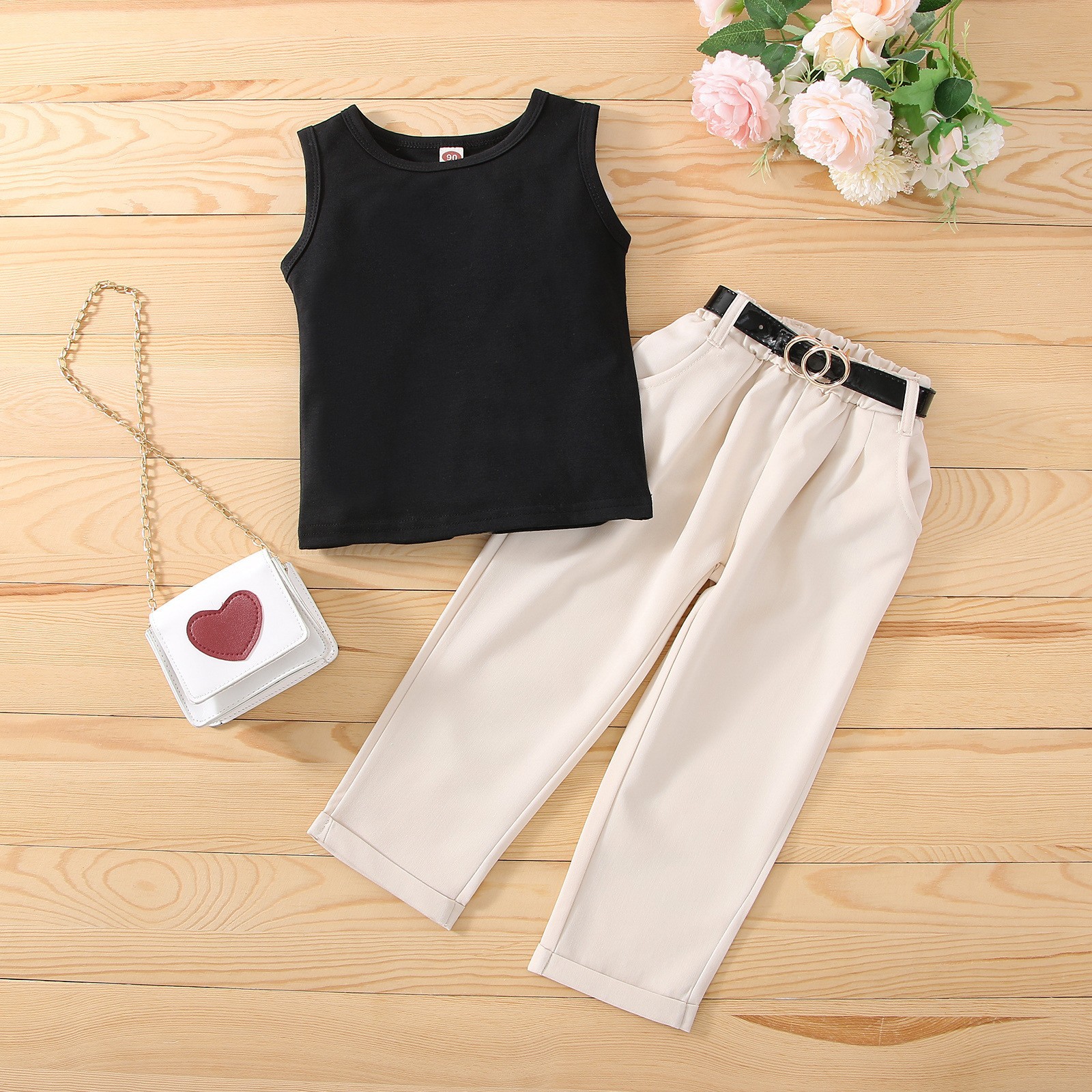 200g Weight Sleeveless Sleeve Length Cotton Fabric Type Simple Style Solid Color Belt Cotton Girls Clothing Sets
