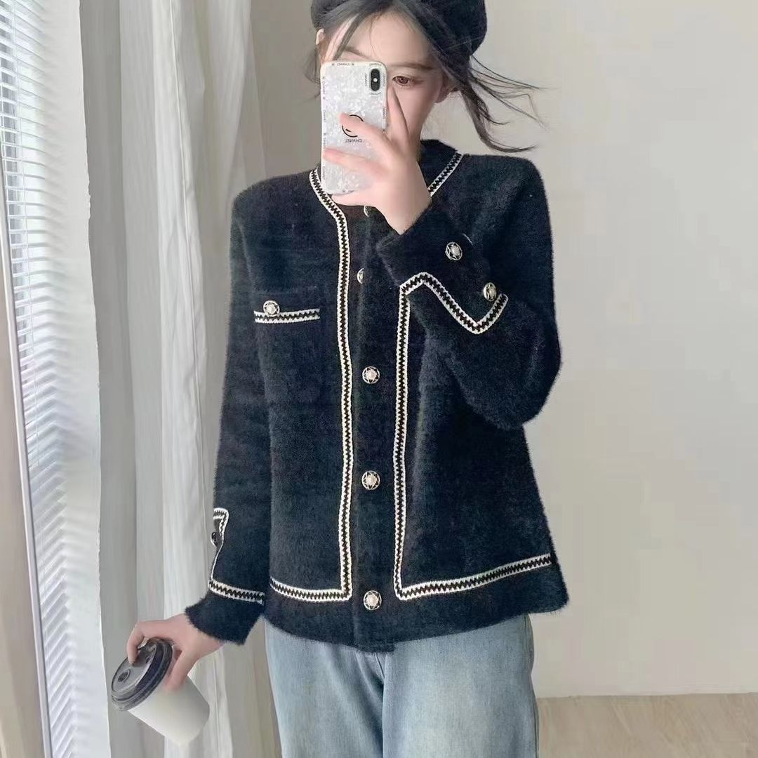 Otoño e Invierno 2023 estilo coreano nuevo estilo Chanel manga larga punto cardigan abrigo Faux visón terciopelo cuello redondo todo el Partido suéter para mujer