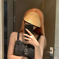 夏季空頂防曬遮陽沙灘帽毛邊草帽休閒海邊度假小清新拉菲草發箍帽