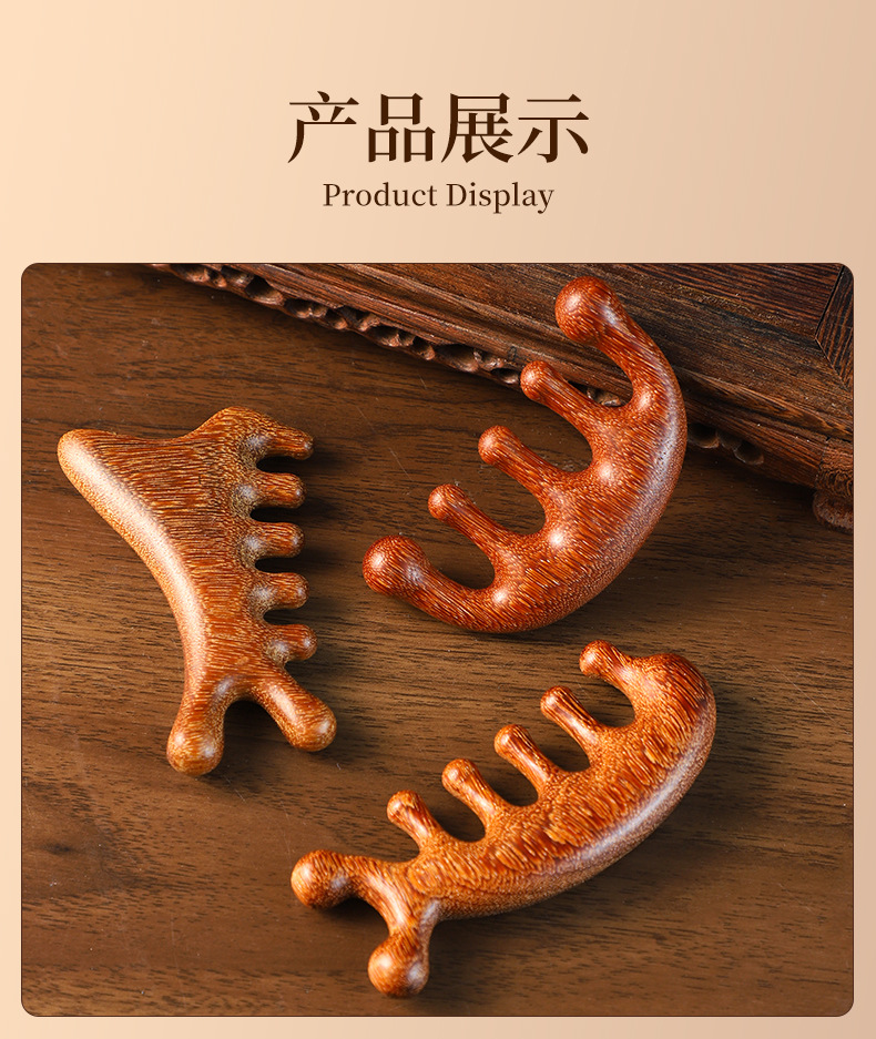 Sandalwood Scalp Massage Comb Meridian Gua Sha Head Tool Custom Laser Logo Gift in use