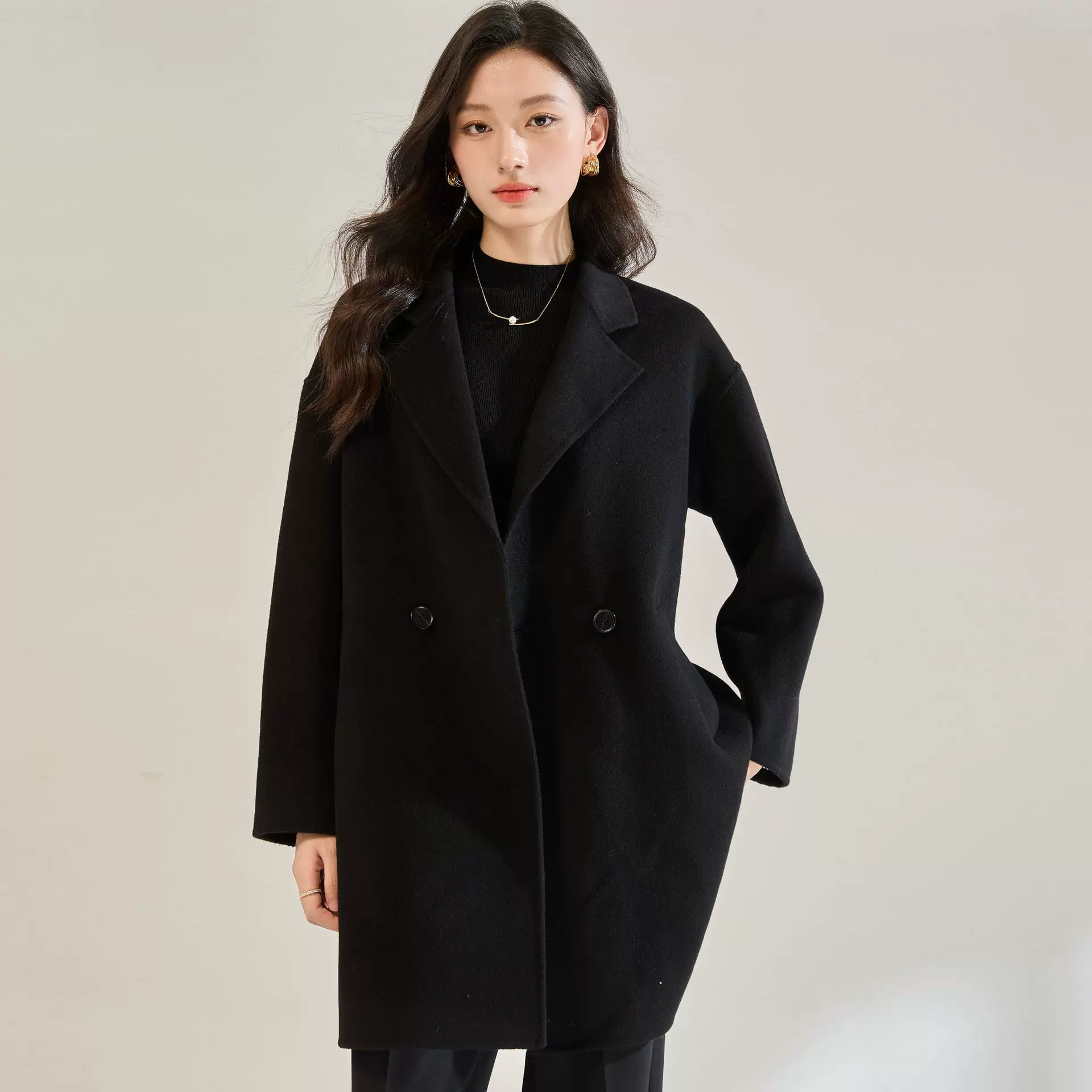 25新款秋小个子西装领显瘦气质中长款毛呢外套双面呢大衣女22687